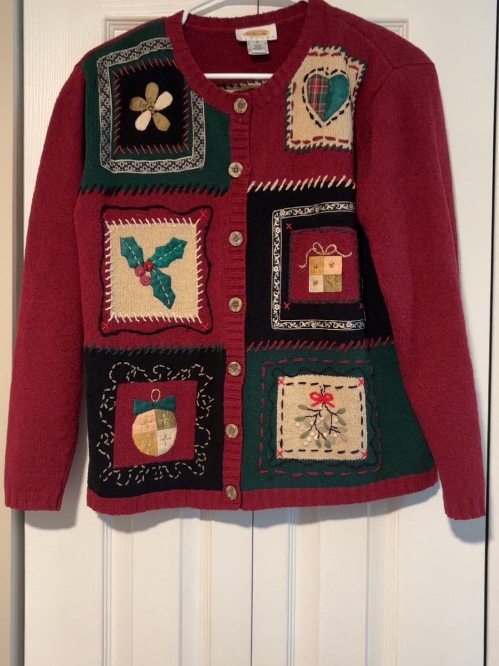Vintage Talbots 90s Teacher Christmas Patchwork Cardigan Sweater size Medium